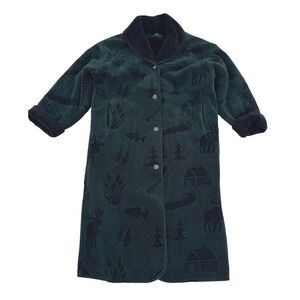 VTG!‎ Denali Reversible Fleece Coat Cabin Print Shawl Collar Long Sleeve Green M